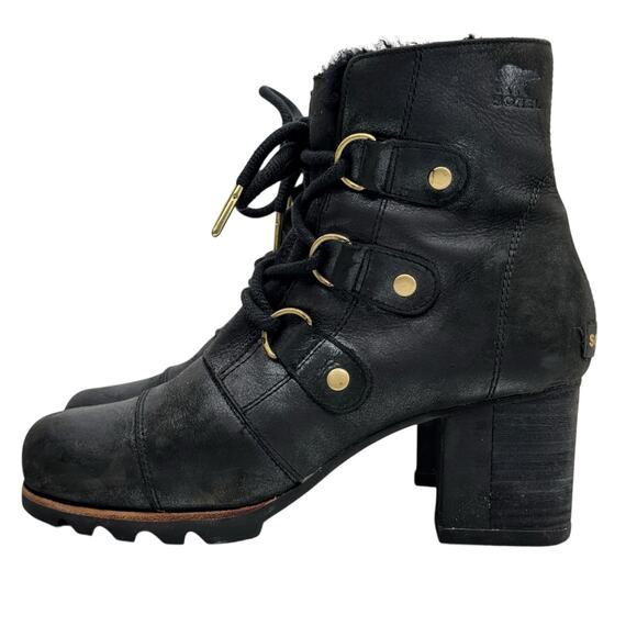 SOREL Addington Shearling Boots SZ 9 Women’s Black Leather Waterproof Lace Up - Picture 6 of 13